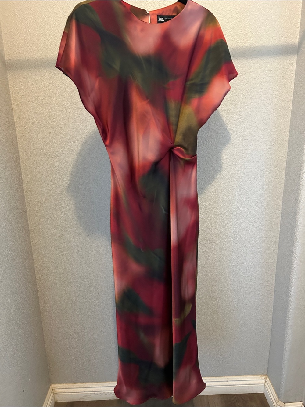 Zara Satin Blend Maxi Dress in Red and Olive size XL